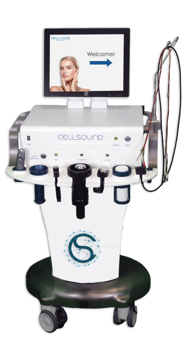 CellSound aesthetic skin rejuvenation machine on wheeled cart with monitor showing a woman, probes and control panel